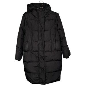 Minimalist Black Puffer Coat Long Quilted Hooded Parka Jacket Size Small
